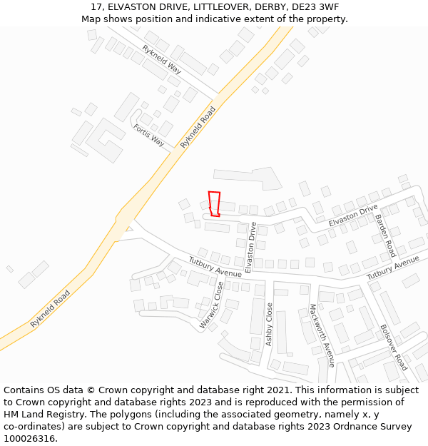 17, ELVASTON DRIVE, LITTLEOVER, DERBY, DE23 3WF: Location map and indicative extent of plot