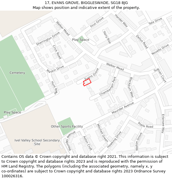 17, EVANS GROVE, BIGGLESWADE, SG18 8JG: Location map and indicative extent of plot