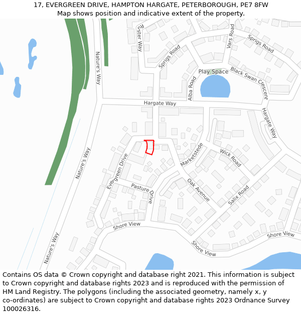 17, EVERGREEN DRIVE, HAMPTON HARGATE, PETERBOROUGH, PE7 8FW: Location map and indicative extent of plot