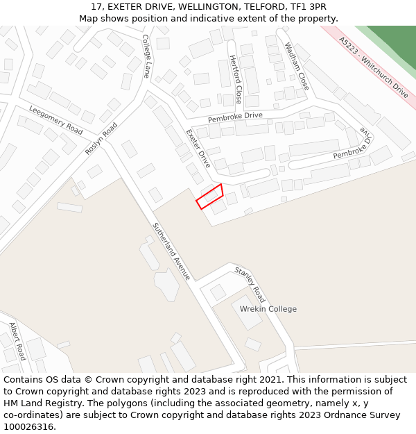 17, EXETER DRIVE, WELLINGTON, TELFORD, TF1 3PR: Location map and indicative extent of plot