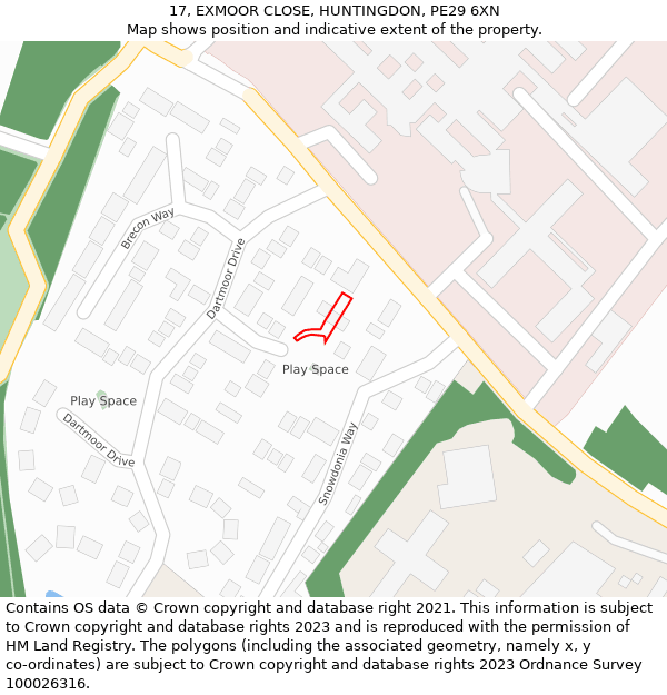 17, EXMOOR CLOSE, HUNTINGDON, PE29 6XN: Location map and indicative extent of plot