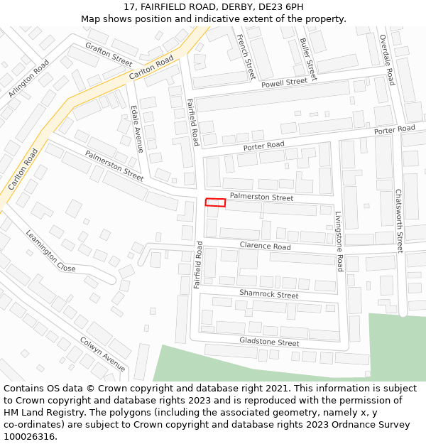 17, FAIRFIELD ROAD, DERBY, DE23 6PH: Location map and indicative extent of plot
