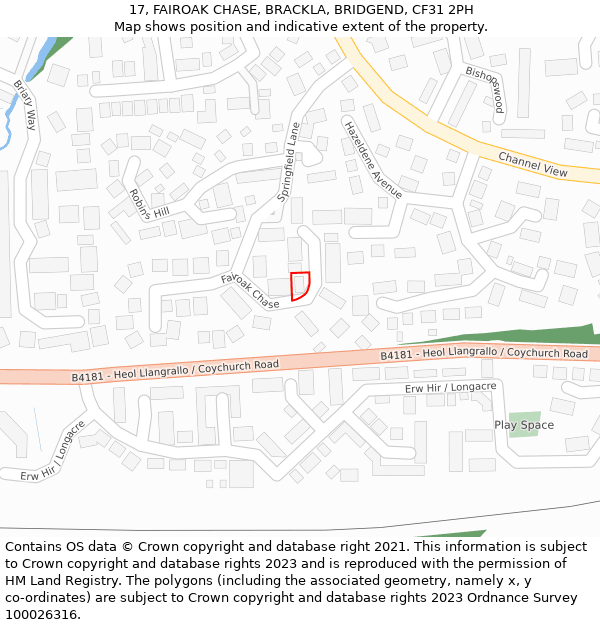 17, FAIROAK CHASE, BRACKLA, BRIDGEND, CF31 2PH: Location map and indicative extent of plot