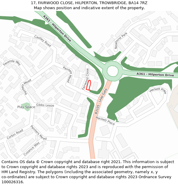 17, FAIRWOOD CLOSE, HILPERTON, TROWBRIDGE, BA14 7RZ: Location map and indicative extent of plot