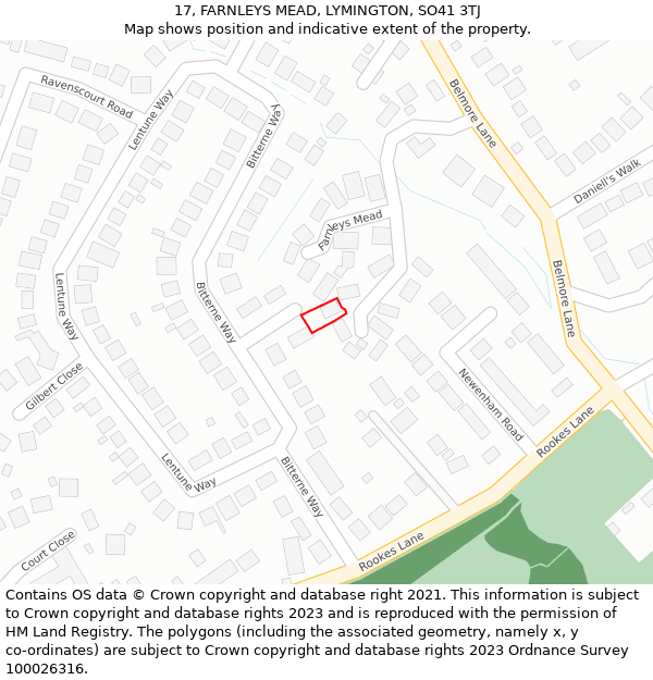 17, FARNLEYS MEAD, LYMINGTON, SO41 3TJ: Location map and indicative extent of plot