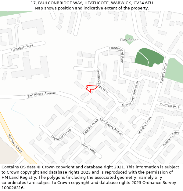 17, FAULCONBRIDGE WAY, HEATHCOTE, WARWICK, CV34 6EU: Location map and indicative extent of plot