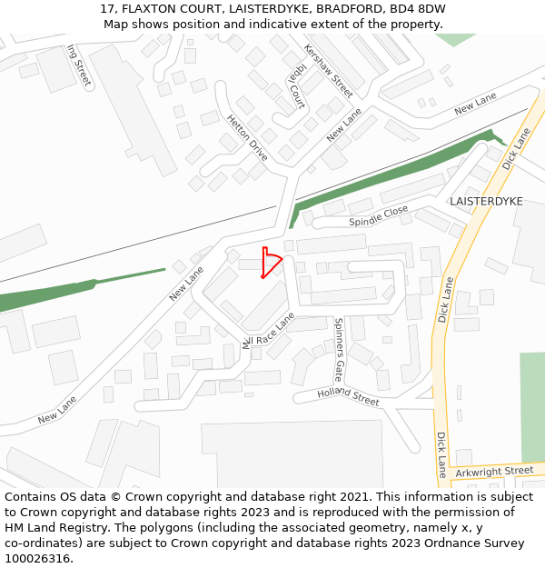 17, FLAXTON COURT, LAISTERDYKE, BRADFORD, BD4 8DW: Location map and indicative extent of plot