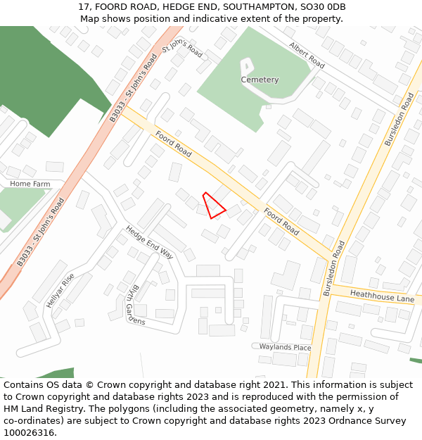 17, FOORD ROAD, HEDGE END, SOUTHAMPTON, SO30 0DB: Location map and indicative extent of plot