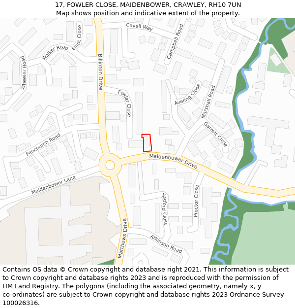 17, FOWLER CLOSE, MAIDENBOWER, CRAWLEY, RH10 7UN: Location map and indicative extent of plot