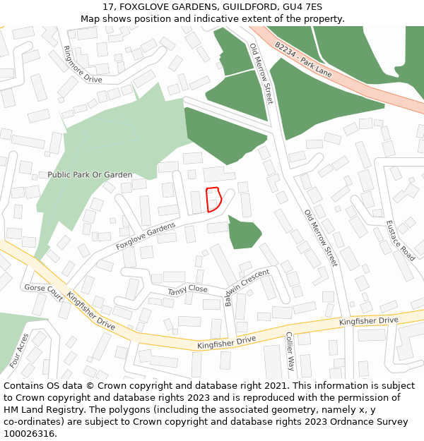 17, FOXGLOVE GARDENS, GUILDFORD, GU4 7ES: Location map and indicative extent of plot