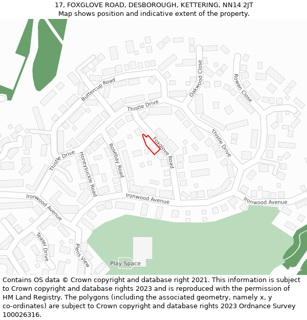 17, FOXGLOVE ROAD, DESBOROUGH, KETTERING, NN14 2JT: Location map and indicative extent of plot