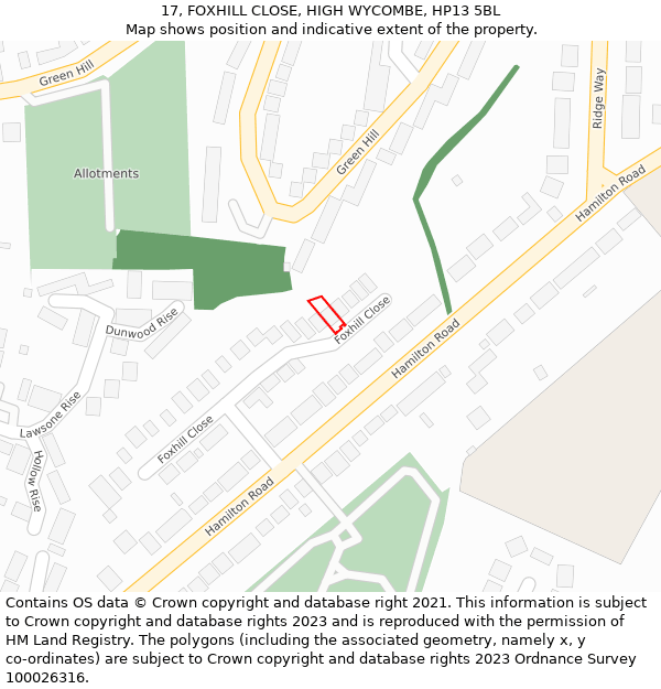 17, FOXHILL CLOSE, HIGH WYCOMBE, HP13 5BL: Location map and indicative extent of plot