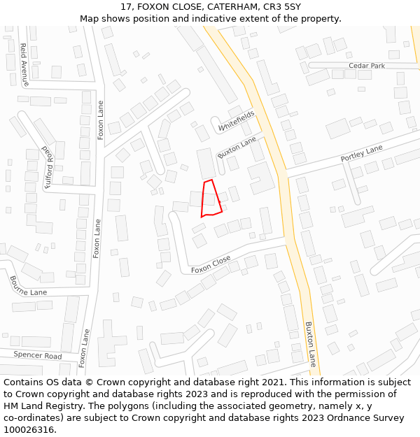 17, FOXON CLOSE, CATERHAM, CR3 5SY: Location map and indicative extent of plot