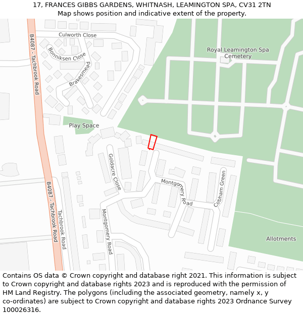 17, FRANCES GIBBS GARDENS, WHITNASH, LEAMINGTON SPA, CV31 2TN: Location map and indicative extent of plot