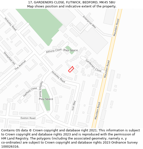 17, GARDENERS CLOSE, FLITWICK, BEDFORD, MK45 5BU: Location map and indicative extent of plot