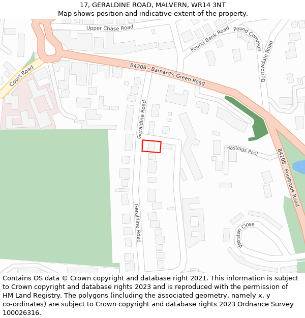 17, GERALDINE ROAD, MALVERN, WR14 3NT: Location map and indicative extent of plot