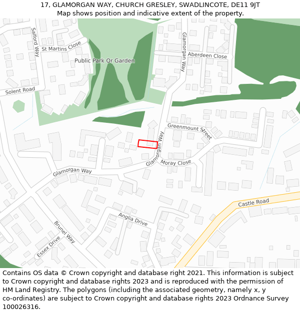 17, GLAMORGAN WAY, CHURCH GRESLEY, SWADLINCOTE, DE11 9JT: Location map and indicative extent of plot