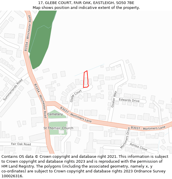 17, GLEBE COURT, FAIR OAK, EASTLEIGH, SO50 7BE: Location map and indicative extent of plot