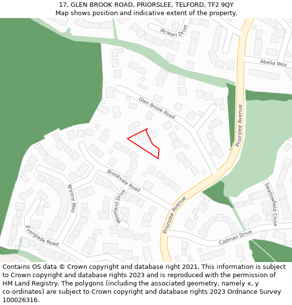 17, GLEN BROOK ROAD, PRIORSLEE, TELFORD, TF2 9QY: Location map and indicative extent of plot