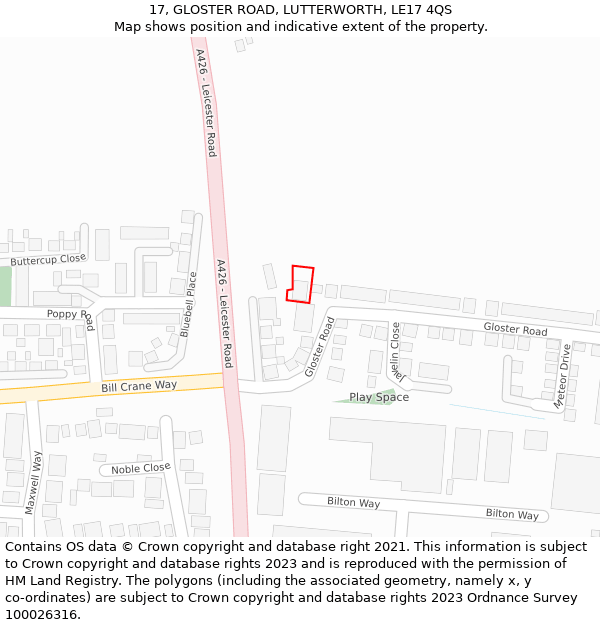 17, GLOSTER ROAD, LUTTERWORTH, LE17 4QS: Location map and indicative extent of plot