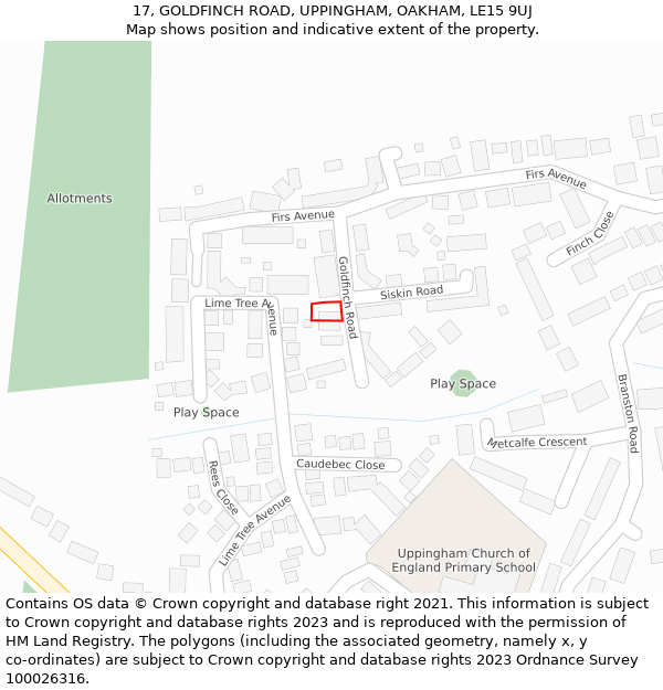 17, GOLDFINCH ROAD, UPPINGHAM, OAKHAM, LE15 9UJ: Location map and indicative extent of plot
