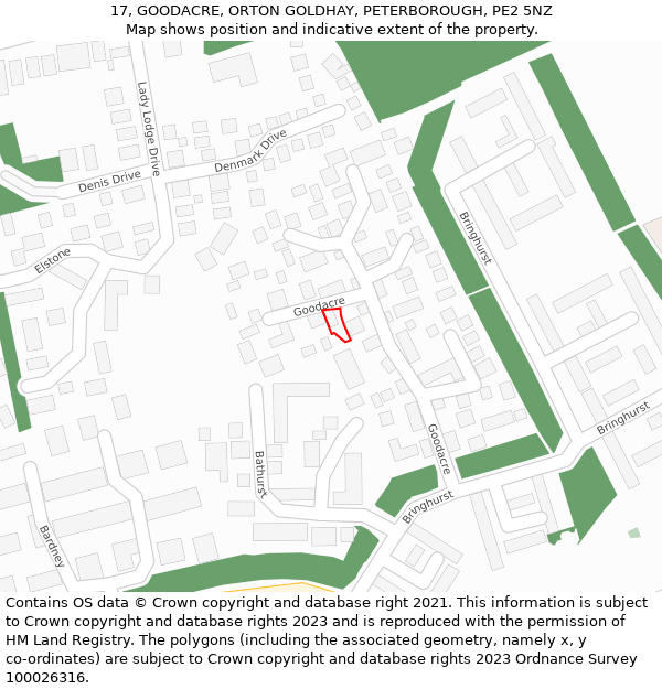 17, GOODACRE, ORTON GOLDHAY, PETERBOROUGH, PE2 5NZ: Location map and indicative extent of plot