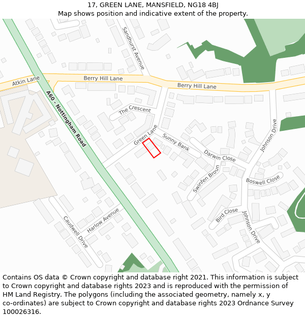 17, GREEN LANE, MANSFIELD, NG18 4BJ: Location map and indicative extent of plot