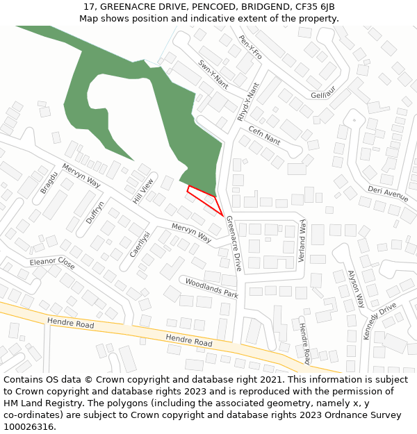 17, GREENACRE DRIVE, PENCOED, BRIDGEND, CF35 6JB: Location map and indicative extent of plot