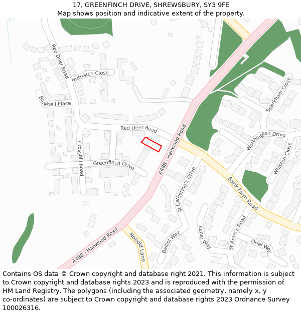 17, GREENFINCH DRIVE, SHREWSBURY, SY3 9FE: Location map and indicative extent of plot