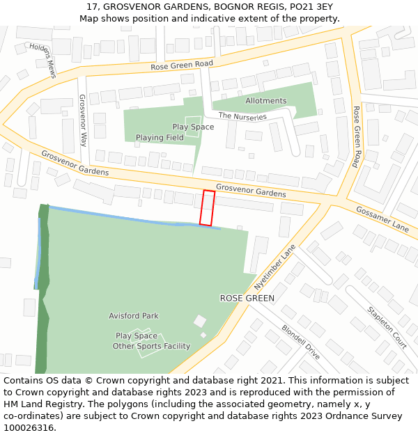 17, GROSVENOR GARDENS, BOGNOR REGIS, PO21 3EY: Location map and indicative extent of plot