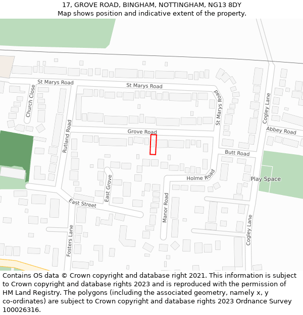 17, GROVE ROAD, BINGHAM, NOTTINGHAM, NG13 8DY: Location map and indicative extent of plot