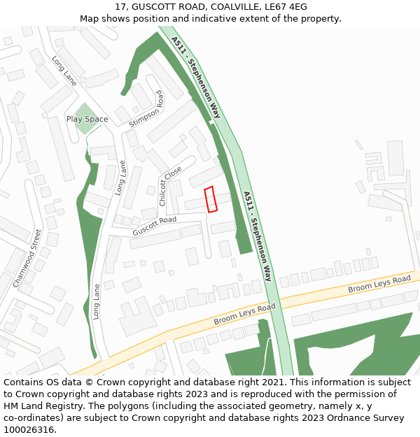 17, GUSCOTT ROAD, COALVILLE, LE67 4EG: Location map and indicative extent of plot
