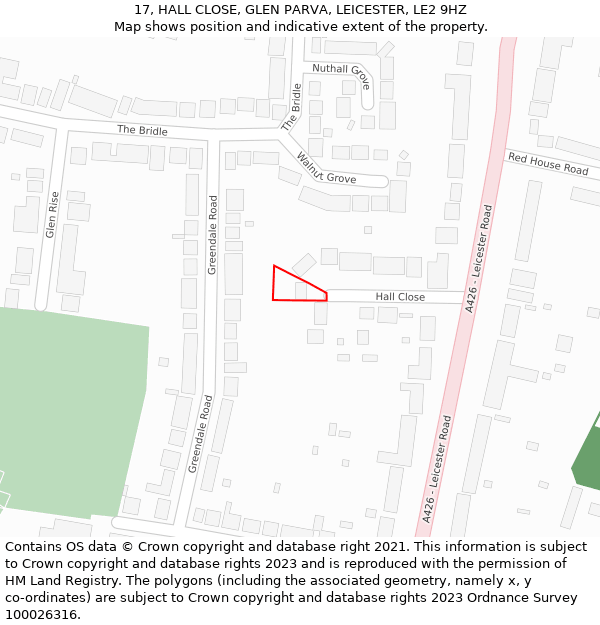 17, HALL CLOSE, GLEN PARVA, LEICESTER, LE2 9HZ: Location map and indicative extent of plot