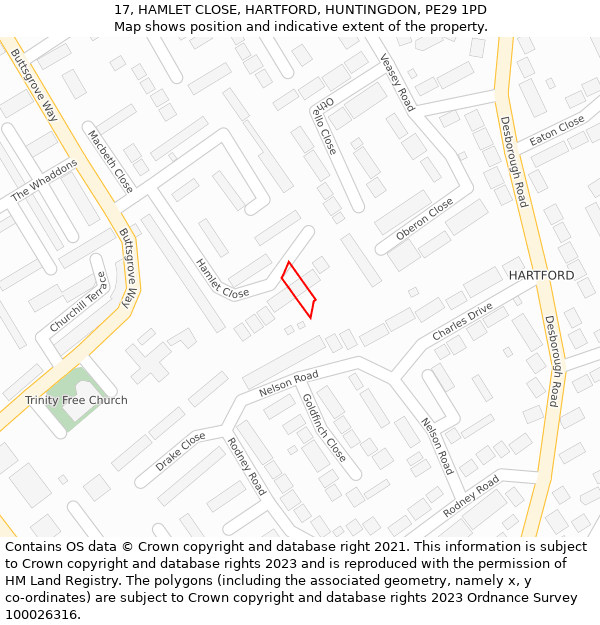 17, HAMLET CLOSE, HARTFORD, HUNTINGDON, PE29 1PD: Location map and indicative extent of plot