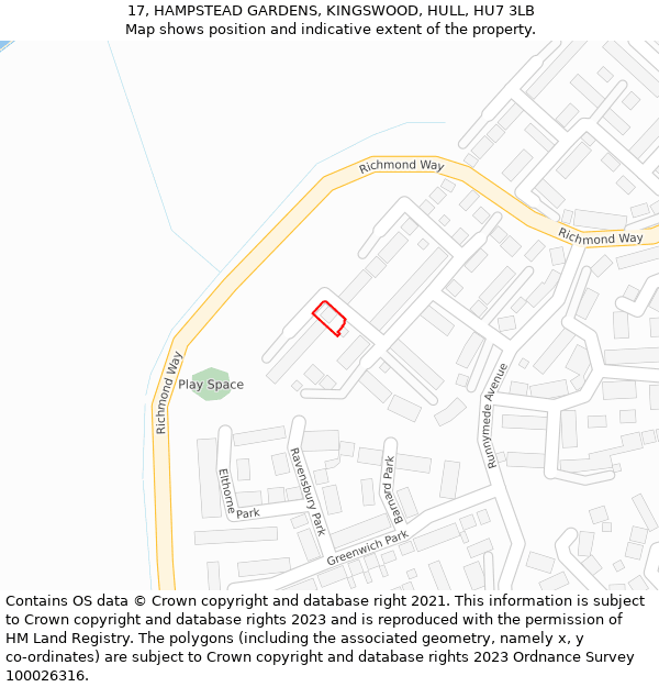 17, HAMPSTEAD GARDENS, KINGSWOOD, HULL, HU7 3LB: Location map and indicative extent of plot