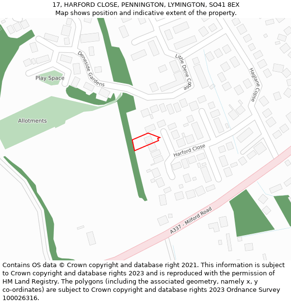 17, HARFORD CLOSE, PENNINGTON, LYMINGTON, SO41 8EX: Location map and indicative extent of plot