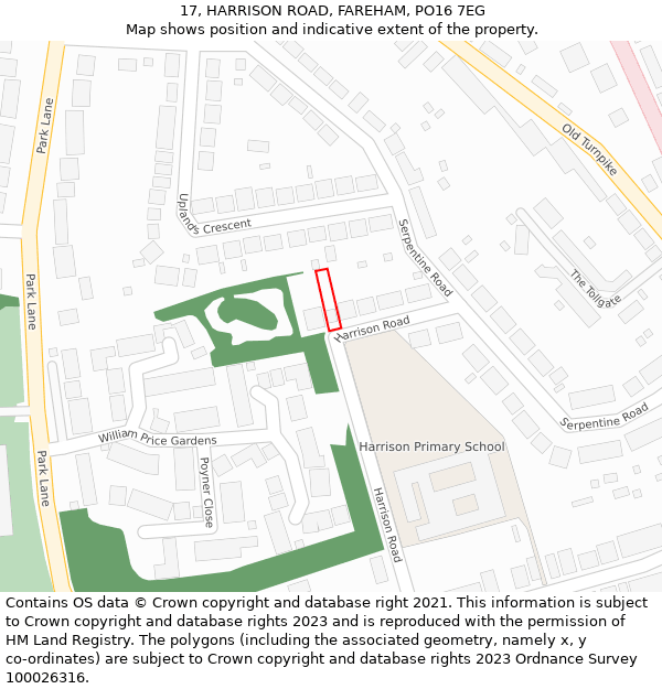 17, HARRISON ROAD, FAREHAM, PO16 7EG: Location map and indicative extent of plot