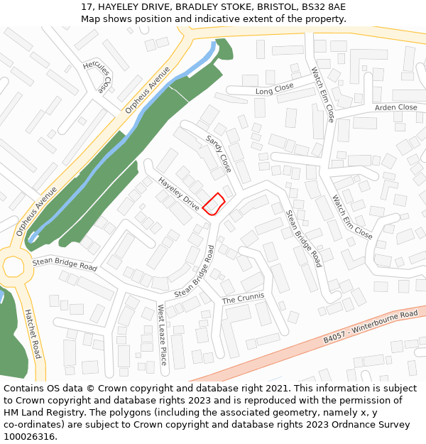 17, HAYELEY DRIVE, BRADLEY STOKE, BRISTOL, BS32 8AE: Location map and indicative extent of plot