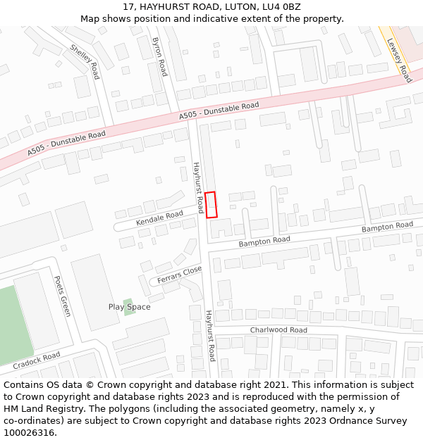 17, HAYHURST ROAD, LUTON, LU4 0BZ: Location map and indicative extent of plot