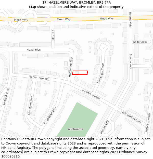 17, HAZELMERE WAY, BROMLEY, BR2 7PA: Location map and indicative extent of plot