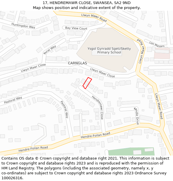 17, HENDREMAWR CLOSE, SWANSEA, SA2 9ND: Location map and indicative extent of plot
