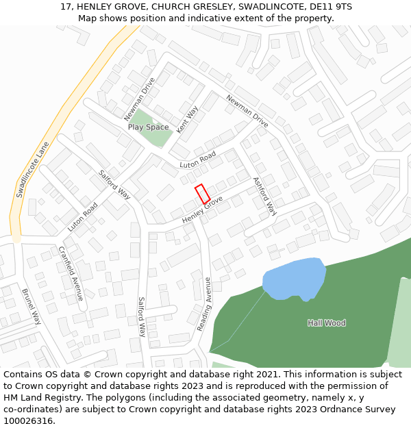 17, HENLEY GROVE, CHURCH GRESLEY, SWADLINCOTE, DE11 9TS: Location map and indicative extent of plot