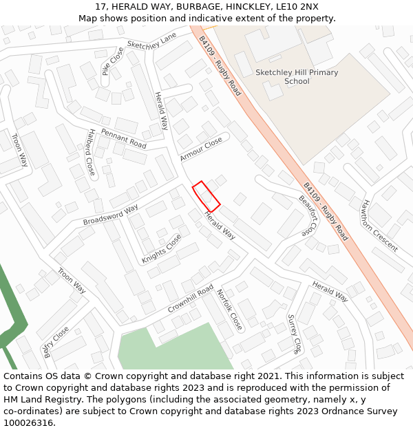 17, HERALD WAY, BURBAGE, HINCKLEY, LE10 2NX: Location map and indicative extent of plot