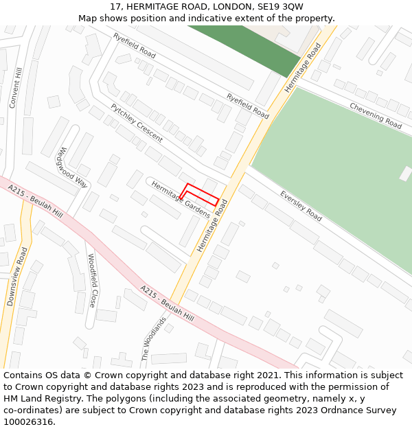 17, HERMITAGE ROAD, LONDON, SE19 3QW: Location map and indicative extent of plot