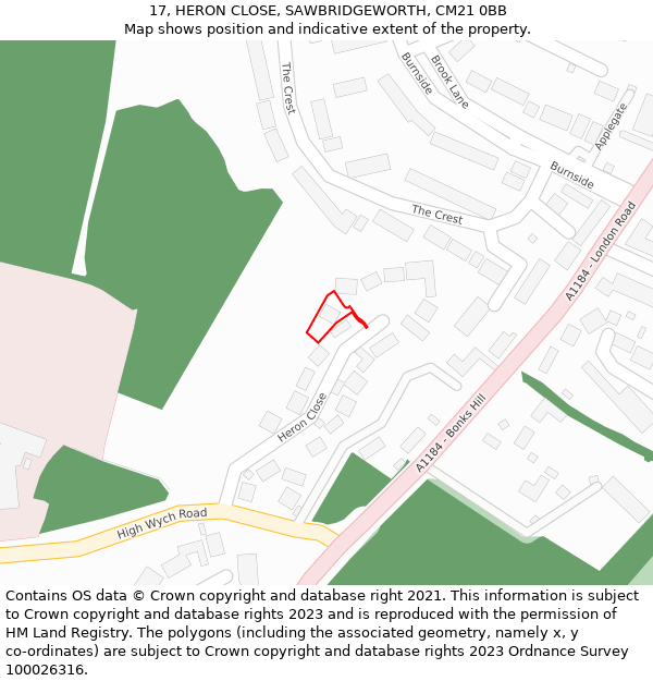 17, HERON CLOSE, SAWBRIDGEWORTH, CM21 0BB: Location map and indicative extent of plot
