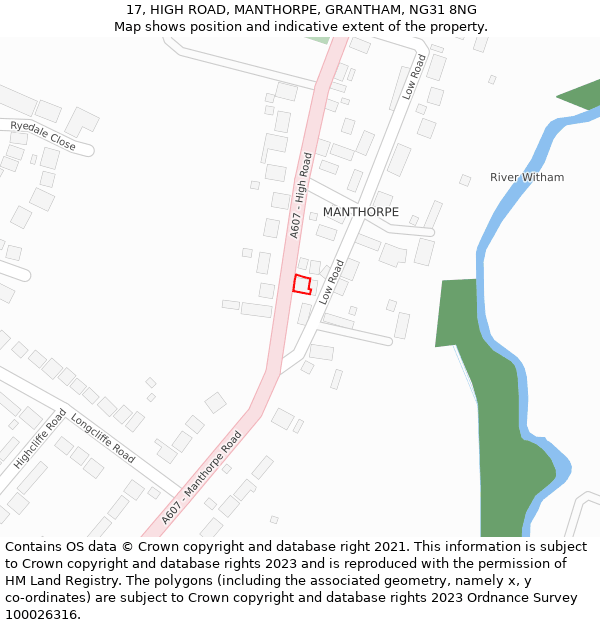 17, HIGH ROAD, MANTHORPE, GRANTHAM, NG31 8NG: Location map and indicative extent of plot