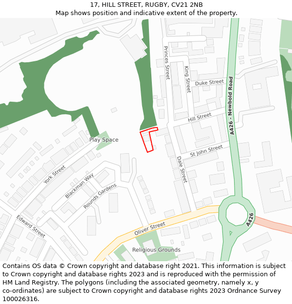 17, HILL STREET, RUGBY, CV21 2NB: Location map and indicative extent of plot