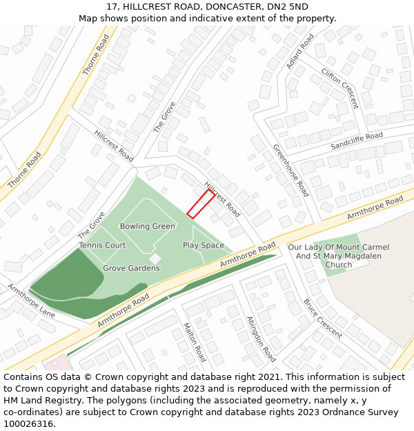 17, HILLCREST ROAD, DONCASTER, DN2 5ND: Location map and indicative extent of plot