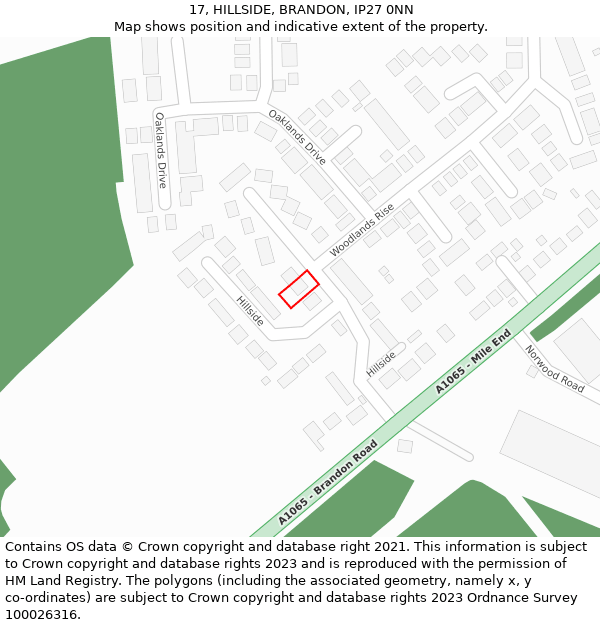 17, HILLSIDE, BRANDON, IP27 0NN: Location map and indicative extent of plot