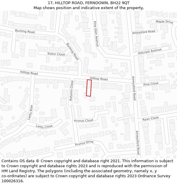 17, HILLTOP ROAD, FERNDOWN, BH22 9QT: Location map and indicative extent of plot